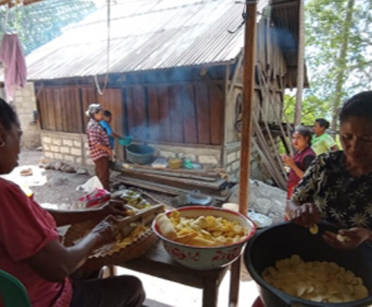 Di Desa Oekam, Kecamatan Noebeba, Kabupaten Timor Tengah Selatan, umumnya pisang dijual dalam bentuk mentah. Kondisi ini berbeda setelah Mama Oktofia Timaubas menjadi anggota kelompok usaha dan mengikuti pelatihan tentang pembuatan keripik pisang dan singkong sejak tahun 2024 lalu.